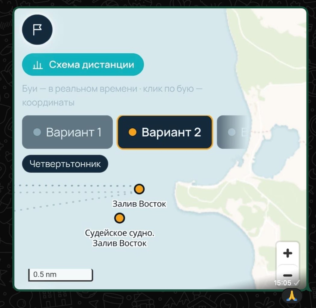 Режим «Схема дистанции» на КЗПВ: варианты маршрута, буи и судейское судно в заливе Восток